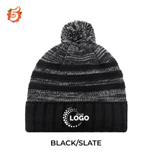Embroidered Fleece Lined Marl Stripe Pom Pom Toque